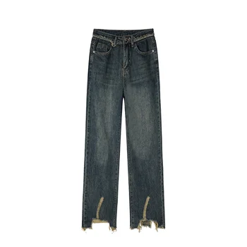 Escuro Pêlo Bainha de Fenda de Cintura Alta Perna Reta-grande Calças Jeans Outono Inverno De 2022 Novo Na Moda as Mulheres Bola de Lã, Calças  3