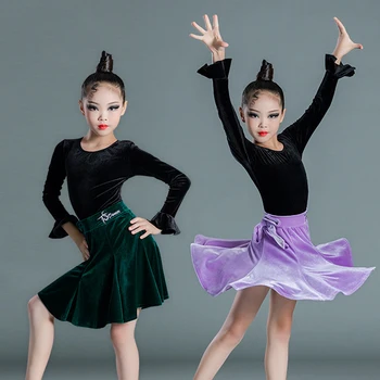 Crianças de Veludo Dividir Terno de Dança latina Traje Meninas de Dança latina de Vestido de Formação Modernos Vestidos de Estágio de Dança latina Roupas SL5519  4