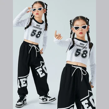 Moda de Dança Jazz Fantasias Para Meninas Brancas de Mangas Longas Calças Soltas de Streetwear Crianças Salão de Dança Hip Hop Roupas DQS11369  4