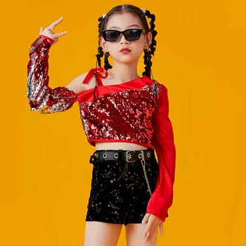 Moda Tops de Paetês Shorts Para as Meninas na Dança Jazz Traje Cheerlead de Dança de Desempenho Roupas de Hip-Hop Kids Fase de Desgaste DNV17107  5