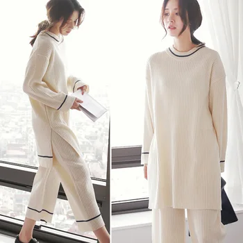 Primavera, Inverno Thread Pijamas de Algodão Casual Pijama Terno das Mulheres Meados do Outono Longa coreano Solta Mulheres Simples do Conjunto de Roupa de Casa  10