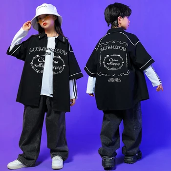 Crianças Preto Kpop Hip Hop Roupas De Tamanho Grande Tshirt Tops Casual Calças Para Menina, Menino De Dança Jazz Traje De Roupas Mostrar Roupas  5