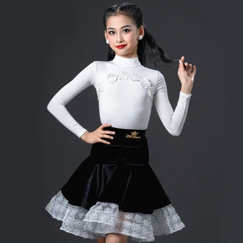 Novo Vestido de Dança latina para Crianças, Roupas de Dança de Salão Dança de Vestidos Para Meninas de Top Branco de Veludo Saias SL7560  4