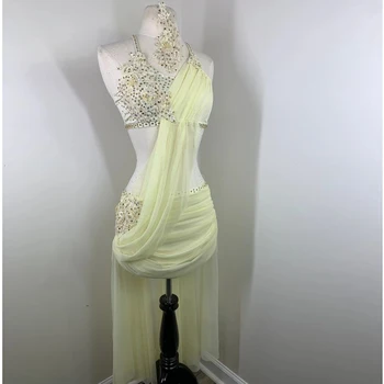 Malha Pólo Amarelo Saia de Dança tridimensional Bordado de Diamantes Concorrência, do Desempenho do Vestido da Menina  2