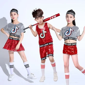 2021 Menina Dança Jazz Fantasias Para Meninas Crianças Coreano Estágio De Dança De Roupas Expostas Umbigo Maré De Hip Hop De Lantejoulas Dança Fantasias  5
