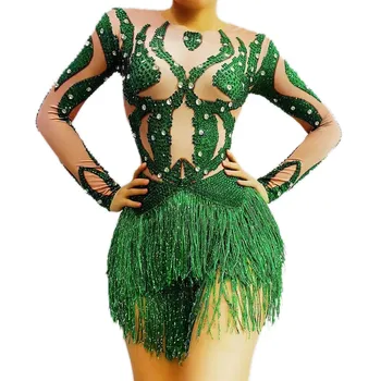 Verde Lantejoulas Brilhantes De Borla Mangas Compridas Collant Mulheres Apertado Bodysuit Latino-Pólo De Baile Pano Boate Figurinos  5