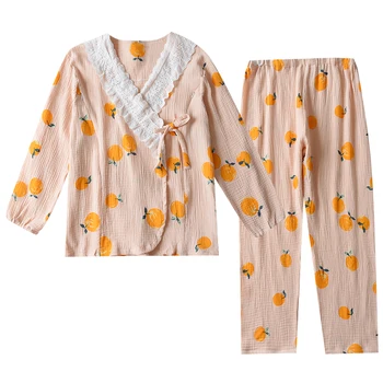 Lazer Mulher Grávida Pijama Cardigan + Calça Definir O Japonês Estilo Quimono Confortável Gaze Crepe De Algodão Roupa De Dormir De Pijama  10