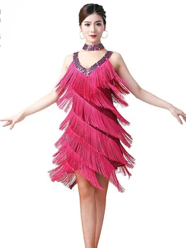 Lantejoulas Frisado Bodycon Ballet Mini Vestido Salsa, Rumba, Samba, Jazz E Dança Latina De Vestido De Mulheres Sexy Decote Em V Sem Mangas Vestido De Franja  4