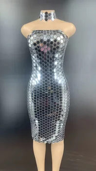 Peito de Embrulho Brilhante Espelho de Prata de Lantejoulas Vestido Sexy Para Mulheres Discoteca DJ Roupas de Palco a Cantora Veste de Festa a Fantasia  4