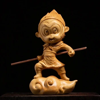 10CM em Miniatura Sun Wukong Nuvem Rei Macaco Escultura em Madeira Estátua de Boneca de porcelana Presente Esculpida Decoração Estatueta para Casa Decoração  10