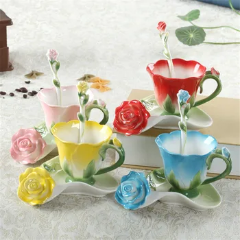 Conjunto de xícara de café e chá em cerâmica , moda criativa, formato de flor, recipiente de água, presente de dia dos namorados  0