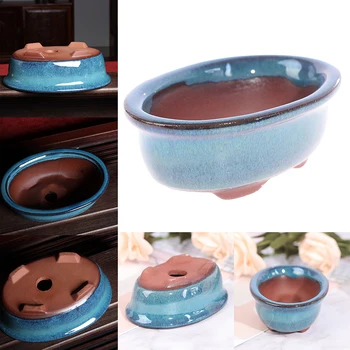 Mini Cerâmica Bonsai Chinês Bonsai Vaso de Artesanato, Plantas Suculentas Pote de Plantio com Furos para a Casa de Decoração de Jardim Azul  5