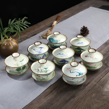 Celadon, Pintados à Mão Tigela de Chá Sancai Gaiwan Montanha Lotus Padrão de Xícara de Chá de Teaware Cozinha Beber Ferramenta 120ml  5