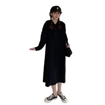Vestidos De Moda Para As Mulheres, Em 2022, Com Capuz Botão Meados De Comprimento Do Joelho Vestido De Novo Outono Versão Coreana Solta Preguiçoso Vestido Estilo  10