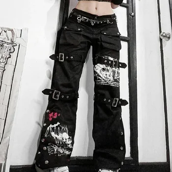 E-menina de Preto Gótico Carga Calças Capri das Mulheres Cintura Baixa Jeans Calças compridas Y2K Grunge Vintage Hip Hop, Punk Harajuku Streetwear  10