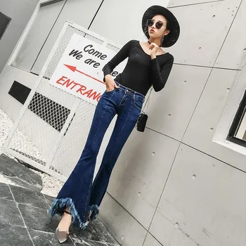 Tassel Personalidade Jeans Flare Mulheres De Outono Inverno Slim Vintage Bell-Fundo Calça Casual Azul Zíper Office Calças Jeans  10