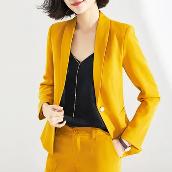 Coreano a primavera e o outono de manga comprida de escritório trabalho das mulheres, a roupa amarela terno de negócio paletó e calças de 2 peças de terno  10