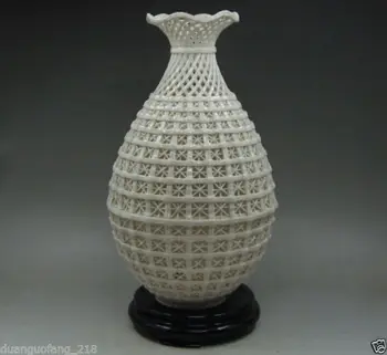 Chinês Coleção Handwork Esculpido aberto Dehua a Branca da Porcelana do Vaso & Base  4