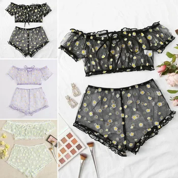 2Pcs Superior Shorts de Malha Conjunto de Lingerie Pijamas Sexy para Mulheres de Dormir de Renda  2