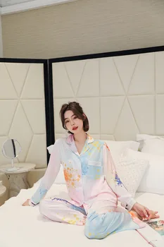 Respingo de Tinta Colorida Mulheres Pijama Define o 2PCS de Rayon Pijamas Terno Sexy Casaquinho de Pijamas Roupa de Outono Lingerie Longo Homewear  10