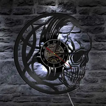 Retro do Crânio Fones de ouvido de Vinil LP Registro Relógio de Parede Vintage da Cabeça Crânio Noite de Música Leve Esqueleto LED Retroiluminado Relógio de Parede  10