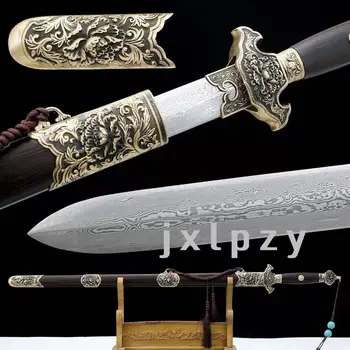 Feito À Mão Agradável Wushu Chinês Espada De Damasco Lâmina De Aço Afiada Kung Fu Peônia Jian (Espada De Ébano Full Tang  10