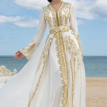 2022 Chiffon De Luxo, Vestidos De Noite Longos De Ouro Apliques De Renda Marroquino Caftan Dubai Árabe Vestidos De Baile Vestido De Festa Personalizada  10