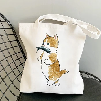 Kawaii Gatos Peixes Shopping Bag Shopper Bag Tote Bag Verão Ombro Saco De Lona Grande Capacidade Messenger Bag Bonito Divertido Bolsa  10