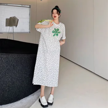 2023 Verão Nova-Coreano Solta Camisa De Manga Curta Mulher Vestido De Vestidos De Moda Casual Flora Impressão Maxi Vestidos Longos Para As Mulheres  2