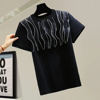 Requintado Strass Listrado de Babados T-shirt Mulher 2021 Verão Estilo coreano de Cor Sólida Casual Trecho Top Fashion Tees  10